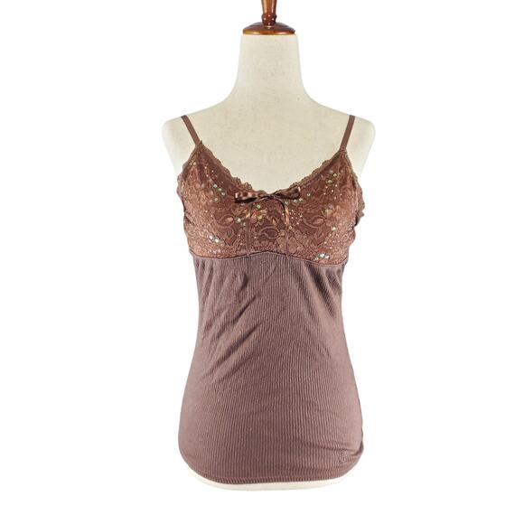 Y2k Limited Too Sequin Top Ribbed Brown Spaghetti Strap Tank Top - Small - Picture 1 of 8